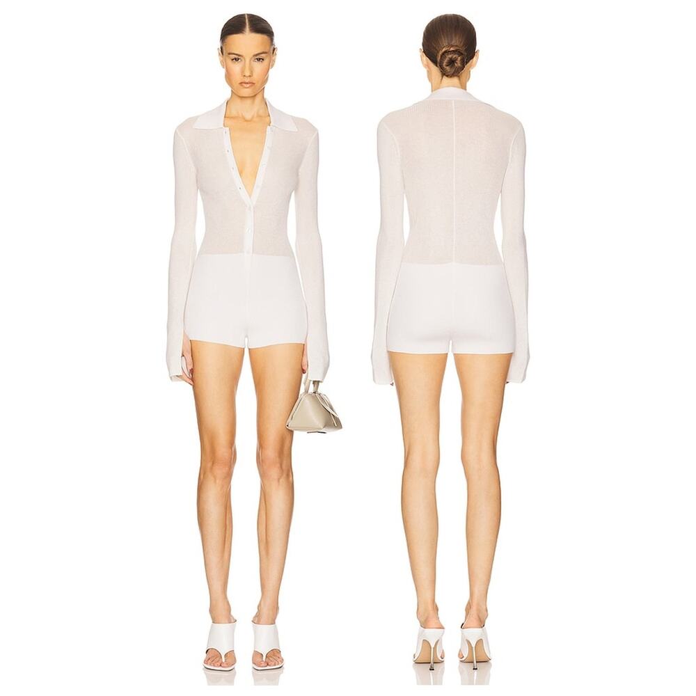 Helsa Gretel Collared Romper Sheer Knit Long Sleeve Preppy Minimal Resort XS